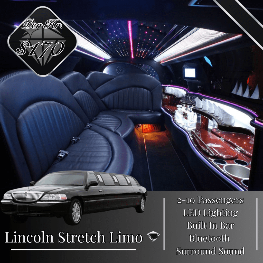 A black stretch limo with the words lincoln stretch limo