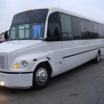 A white bus is parked in the parking lot.