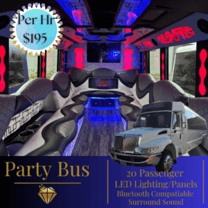 A party bus with lights and blue seats.