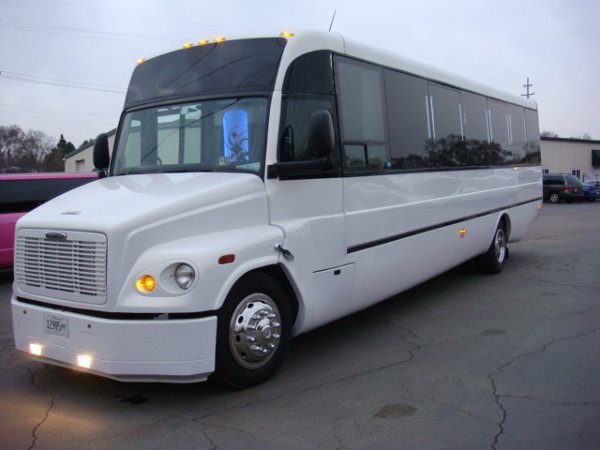 A white bus is parked in the parking lot.