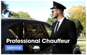 A professional chauffeur is standing next to a car.